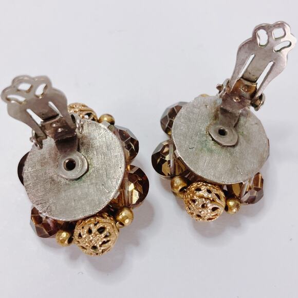 VTG Mid Century Clip On Earrings Faux Pearl Gold Tone Bead Cluster 1950s Baroque - Picture 8 of 11